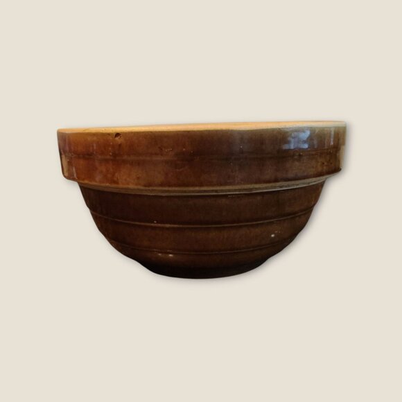 Handmade Brown Stoneware Mixing Bowl 9" Diameter 4.5" Height Ribbed Design Made - Picture 4 of 10